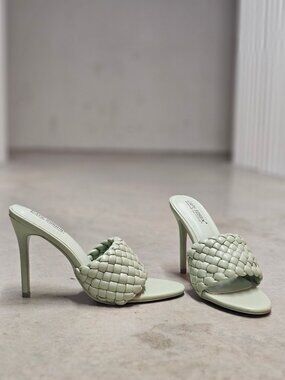 Woven Sage Green High Heel Mules With Padded Straps - Elegant Slip-On Design For